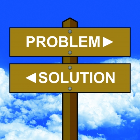 Two Choices Between Problem and Solution Traffic Sign With Wood Style in Blue Sky Background の写真素材