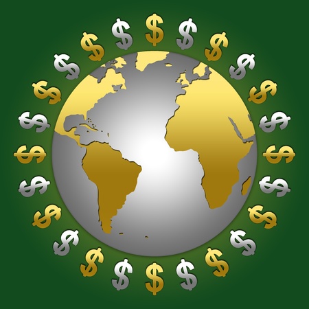 The Golden and Silver Dollar Sign Around The World With Green Glossy Style Backgroundの写真素材