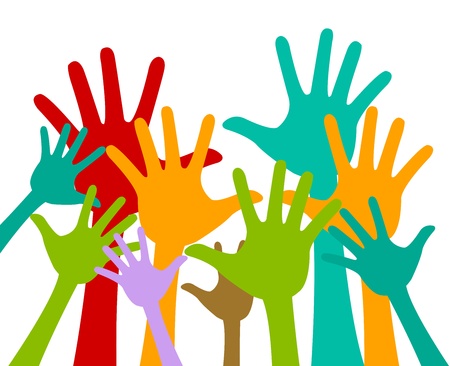 Volunteer and Voting Concept Present With Colorful Raised Hands Isolated On White Background の写真素材