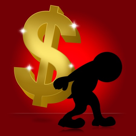 Business Concept, The Man Carry Golden Dollar Sign on His Back in Red Glossy Style Background の写真素材