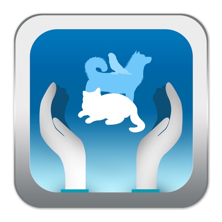 Blue Square Glossy Style Love Pet Sign With Hand and Pet For Pet Rescue Campaign Isolated on White Background の写真素材