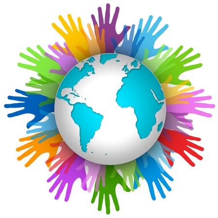 Volunteer Concept, Many Colorful Hand Around The World Isolated on White Background の写真素材