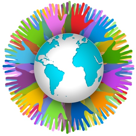 Colorful Hand Around The Earth For Volunteer Concept Isolated on White Background の写真素材