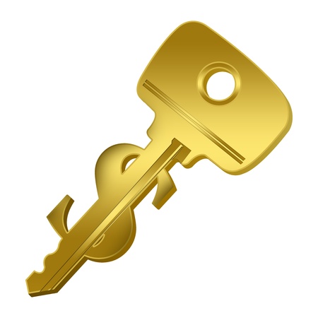 The Business Key Concept, Key to Money Present With Golden Key With Dollar Sign Isolated on White Background の写真素材