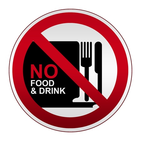Prohibited Circle Silver Metallic and Red Metallic Border With Coffee Cup and No Food and Drink Text Inside Isolate on White Background の写真素材