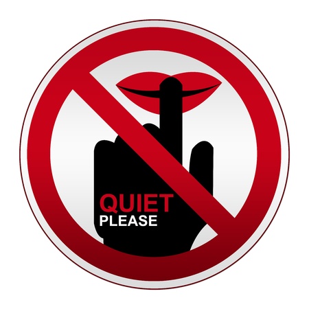 Prohibited Sign, Quiet Please Sign on Circle Silver Metallic Plate Isolate on White Background の写真素材