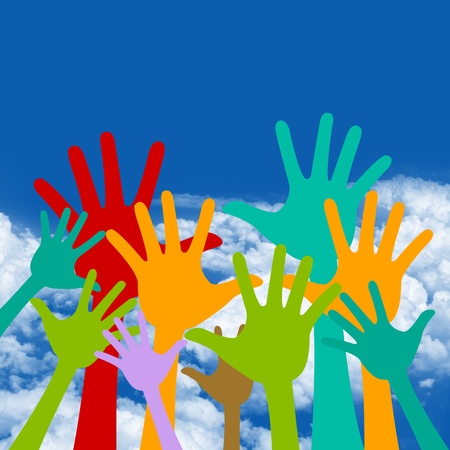 Colorful Raised Hands in Blue Sky Background For Volunteer and Voting Concept 