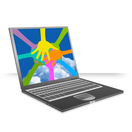 Graphic For Togetherness Concept Present By Black Computer Laptop With A Lot of Colorful Hands Together on Screen Isolated on White Background の写真素材