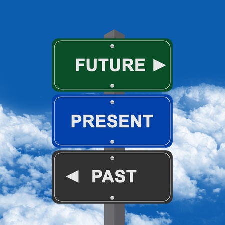 Street Sign Pointing to Future, Present and Past in Blue Sky Background For Time Management Concept の写真素材