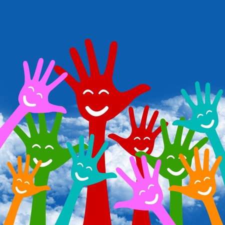 Volunteer and Voting Concept Present By Colorful Raised Hands With Smile in Blue Sky Backgroundの写真素材