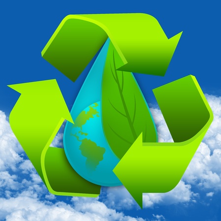 Graphic For Save The Water and Save The Earth Concept Present By The Green Recycle Sign Around The Water Drop With The Earth and The Green Leaf Inside in Blue Sky Backgroundの写真素材