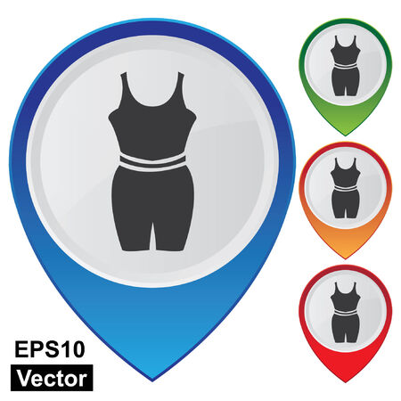 Vector, Business and Service Concept Present By Colorful Glossy Style Map Pointer With Women Sportswear Shop or Gym Sign Isolated on White Background のイラスト素材