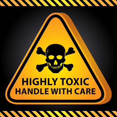 3D Yellow Glossy Style Triangle Caution Plate For Safety Present By Highly Toxic Handle With Care With Skull Sign in Dark Backgroundの写真素材