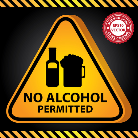 Vector : 3D Yellow Glossy Style Triangle Caution Plate For Safety Present By No Alcohol Permitted With Alcohol, Liquor or Beer Sign in Dark Backgroundのイラスト素材