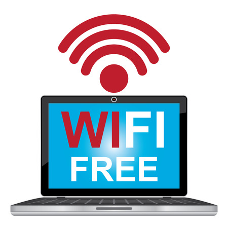 Internet Hotspot, Internet Cafe or Technology Concept Present By Computer Laptop or Computer Notebook With Blue Screen and internet Free Sign Inside Isolated on White Backgroundの写真素材