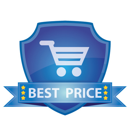 Graphic For Marketing Campaign, Present By Blue Glossy Style Shield Icon With Best Price Label and Shopping Cart Sign Isolated on White Backgroundの写真素材