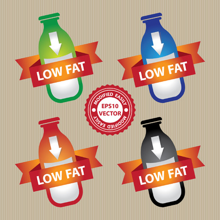Vector : Marketing Materials For Healthy Food or Dietary Concept Present By Colorful Bottle of Milk With Down Arrow Sign and Low Fat Ribbon Isolated on White Backgroundのイラスト素材