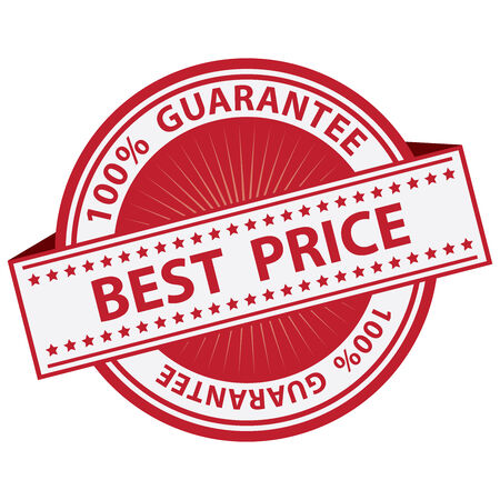 Promotional Sale Tag, Sticker or Badge, Present By Red Best Price Label With 100 Percent Guarantee Text Around Isolated on White Backgroundの写真素材
