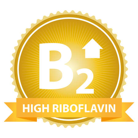 High Riboflavin Ribbon on Gold Badge With High Vitamin B2 Sign Isolated on White Backgroundの写真素材