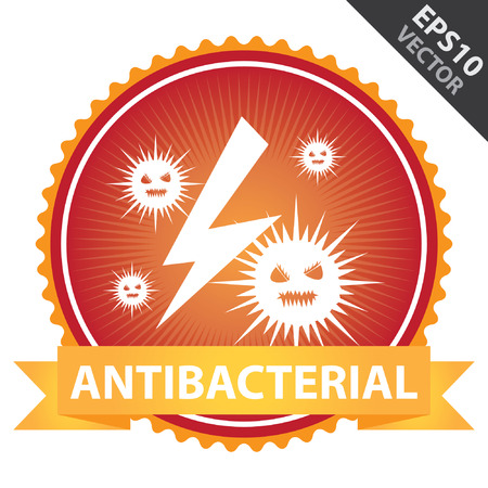 Vector : Tag, Sticker or Badge For Healthcare Present By Orange Ribbon on Red Badge With Antibacterial Text and Bacteria Sign Isolated on White Backgroundのイラスト素材