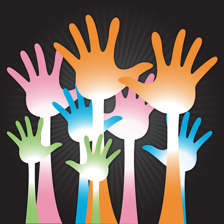 The Colorful Raised Hands For Volunteer, Election Or Voting Concept in Black Shiny Background の写真素材