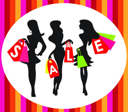 The Shopaholic Woman Carrying Shopping Bags With Colorful Line Background の写真素材