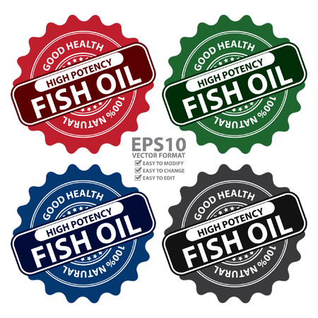 Vector : Colorful High Potency Fish Oil, Good Health, 100 Percent Natural Icon, Label, Sticker, Stamp or Badge Isolated on White Backgroundのイラスト素材