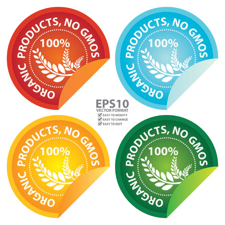 Vector : Business or Marketing Material For Promotional Sale or Marketing Campaign Present By Colorful Glossy Style Organic Products, No GMOs Icon, Badge, Label or Sticker Isolated on White Backgroundのイラスト素材