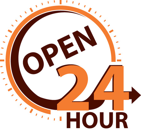 Orange Open 24 Hour Icon or Label for Work Hour, Customer Service, Support or CRM Concept Isolated on White Backgroundの写真素材