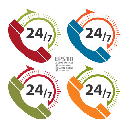 Colorful 24/7 Call Center Icon, Badge, Label or Sticker for Customer Service, Support or CRM Concept Isolated on White Backgroundのイラスト素材