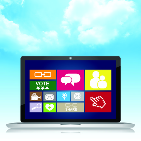 Colorful Social Network or Social Media Application on Realistic Computer Laptop Screen With Some Space For Your Text Message in Blue Sky Backgroundの写真素材
