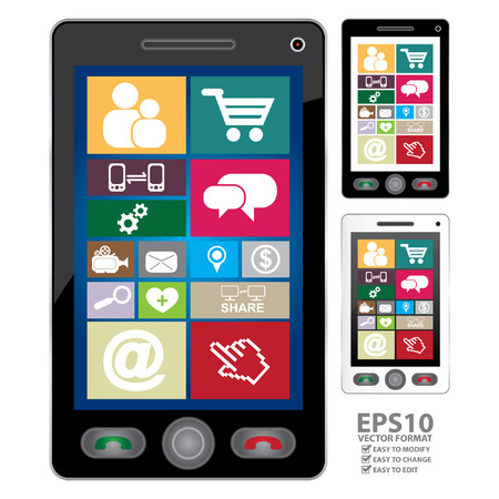 Colorful Social Network or Social Media Application on Black and White Smartphone Screen Isolated on White Backgroundのイラスト素材