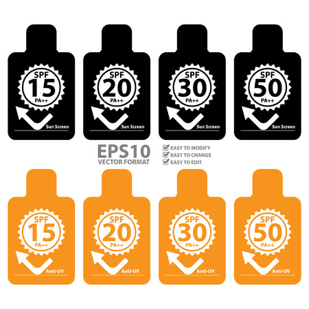Black and Orange SPF 15-50 PA   Sun Screen and Anti-UV Icon or Label Isolated on White Backgroundのイラスト素材