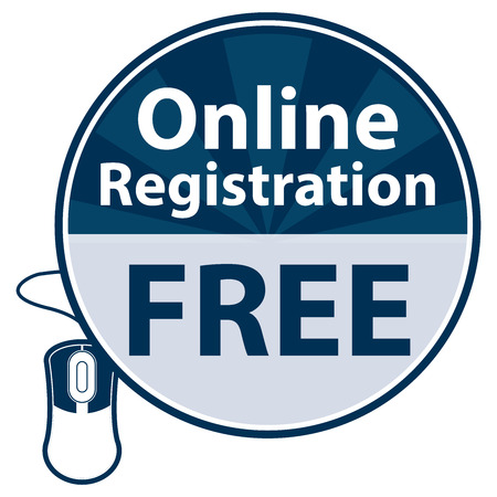 Blue Circle Online Registration Free Icon,Sticker or Label Isolated on White Backgroundの写真素材