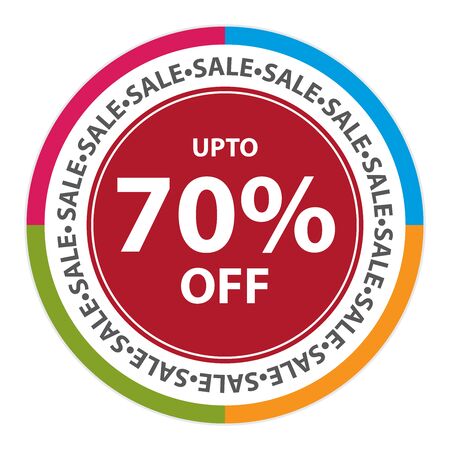 Colorful Circle Sticker, Label or Icon With Sale Up To 70% Off Sign Isolated on White Backgroundの写真素材