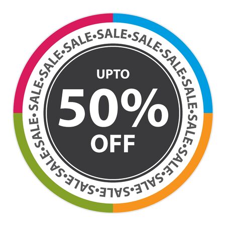Colorful Circle Sticker, Label or Icon With Sale Up To 50% Off Sign Isolated on White Backgroundの写真素材