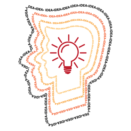 Head With Colorful Idea Text Around and Light Bulb Sign Inside Isolated on White Backgroundの写真素材
