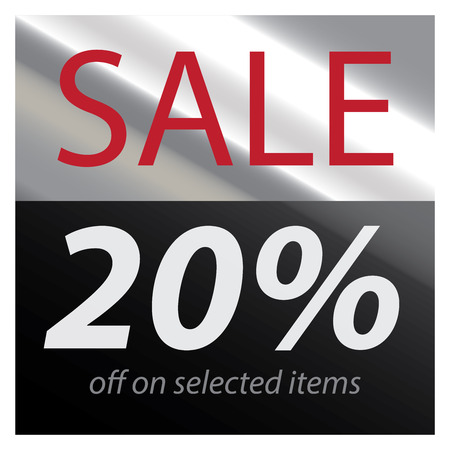 Silver Square Metallic Style Sale 20 Percent Off on Selected Items Sticker or Label Isolated on White Backgroundの写真素材