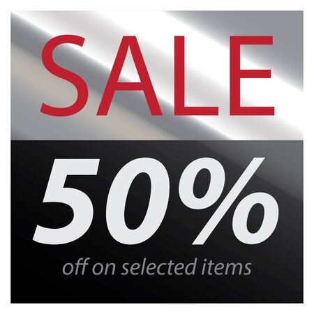 Silver Square Metallic Style Sale 50 Percent Off on Selected Items Sticker or Label Isolated on White Backgroundの写真素材