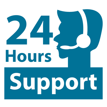 Blue Square 24 Hours Support Label With Call Center Agent Sign Isolated on White Backgroundの写真素材