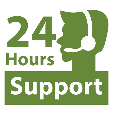Green Square 24 Hours Support Label With Call Center Agent Sign Isolated on White Backgroundの写真素材