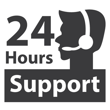 Black Square 24 Hours Support Label With Call Center Agent Sign Isolated on White Backgroundの写真素材