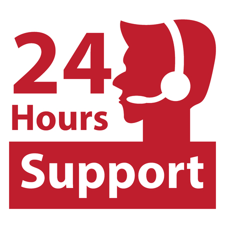 Red Square 24 Hours Support Label With Call Center Agent Sign Isolated on White Backgroundの写真素材
