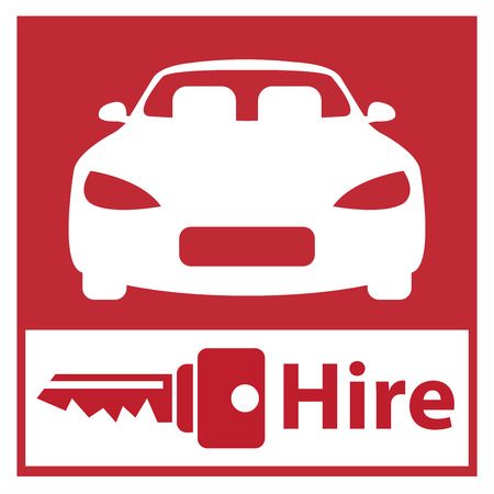Red Square Car Hire or Car Rental Service Icon, Sticker or Label Isolated on White Backgroundの写真素材