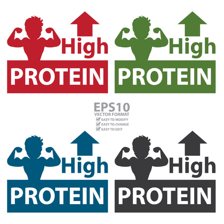 Vector : Colorful Square High Protein Label With Bodybuilder or Muscle Man Sign Isolated on White Backgroundのイラスト素材