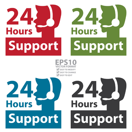Vector : Square 24 Hours Support Label With Call Center Agent Sign Isolated on White Backgroundのイラスト素材