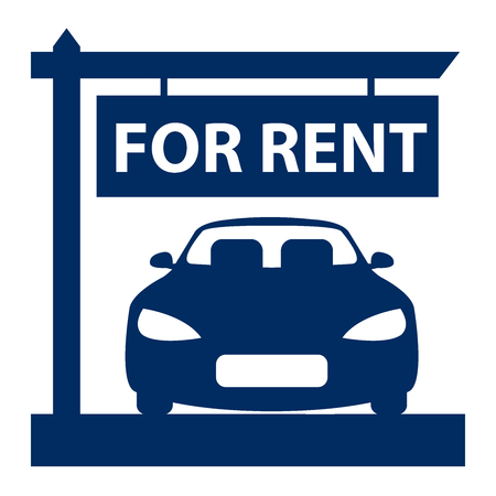 Blue Car Showroom With Car For Sale Sign Icon, Sticker or Label Isolated on White Backgroundの写真素材