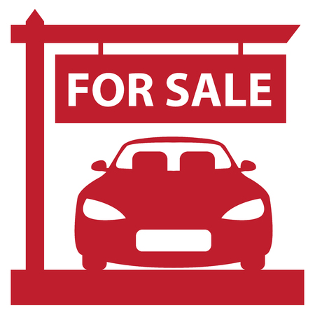 Red Car Showroom With Car For Sale Sign Icon, Sticker or Label Isolated on White Backgroundの写真素材