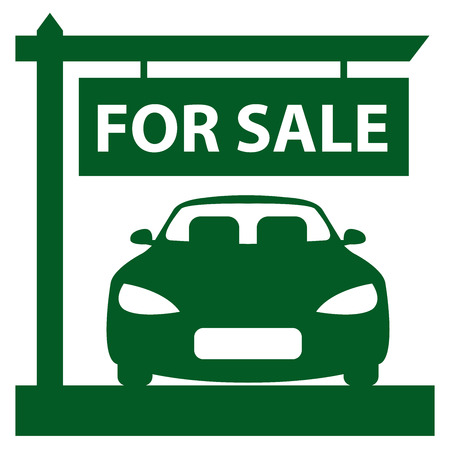 Green Car Showroom With Car For Sale Sign Icon, Sticker or Label Isolated on White Backgroundの写真素材
