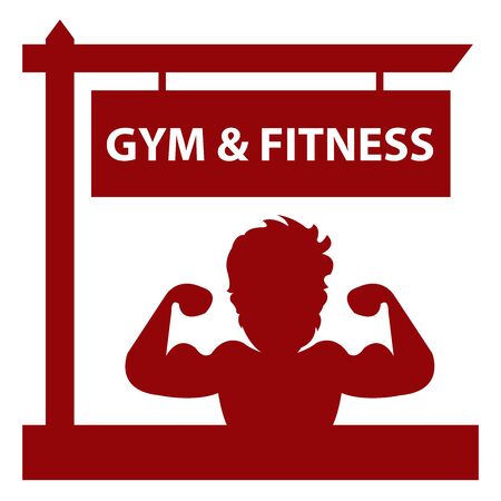 Red Gym and Fitness Road Sign With Bodybuilder or Muscle Man Sign or Icon Isolated on White Backgroundの写真素材